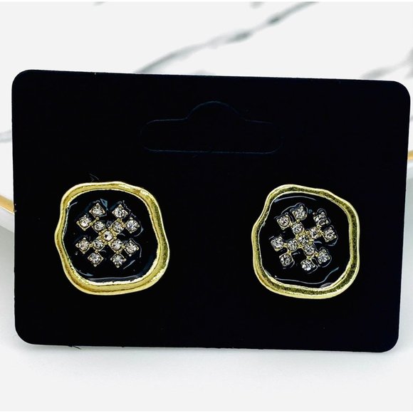 Black enamel and gold stud earrings - Picture 3 of 4